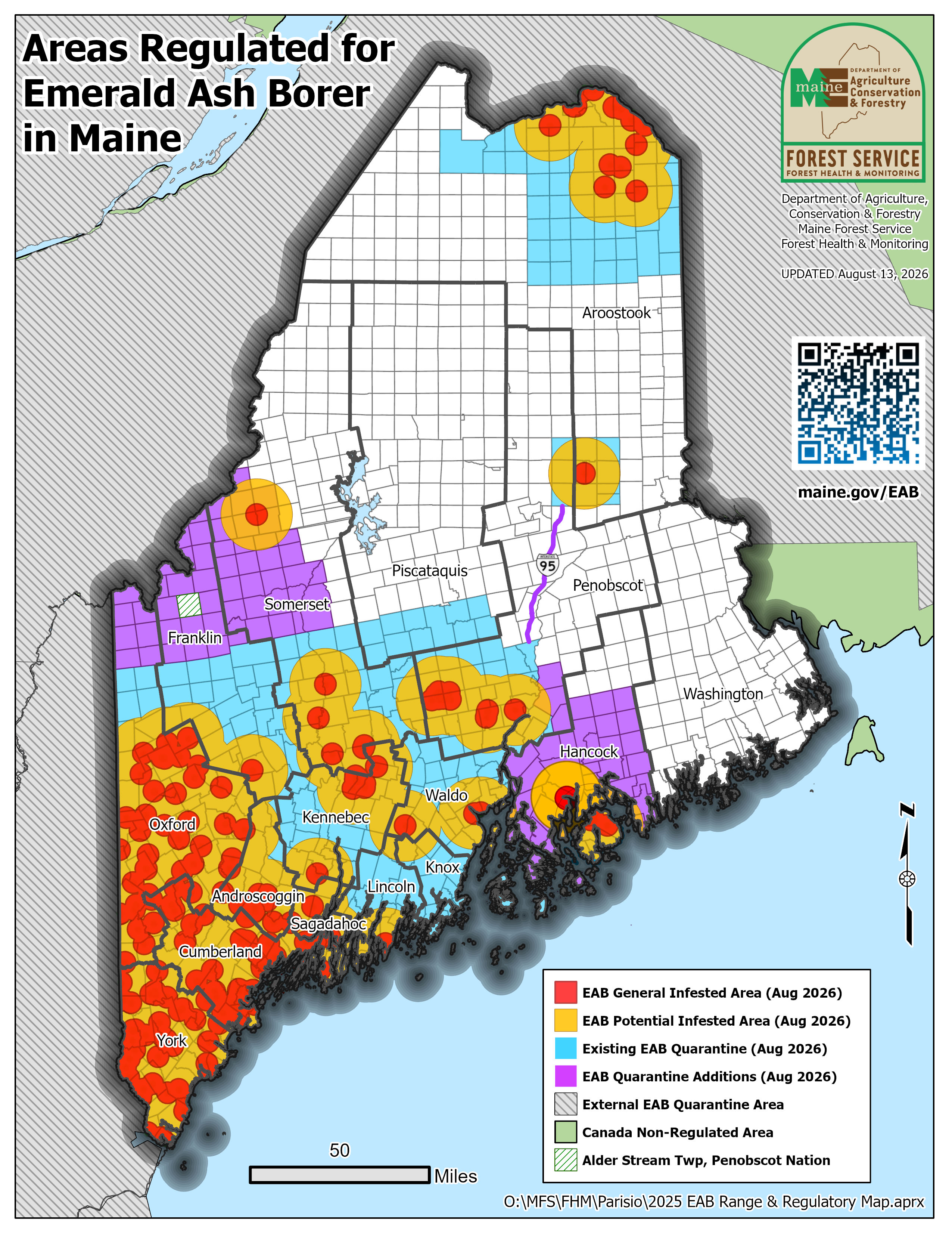 map of emerald ash borer quarantine in Maine